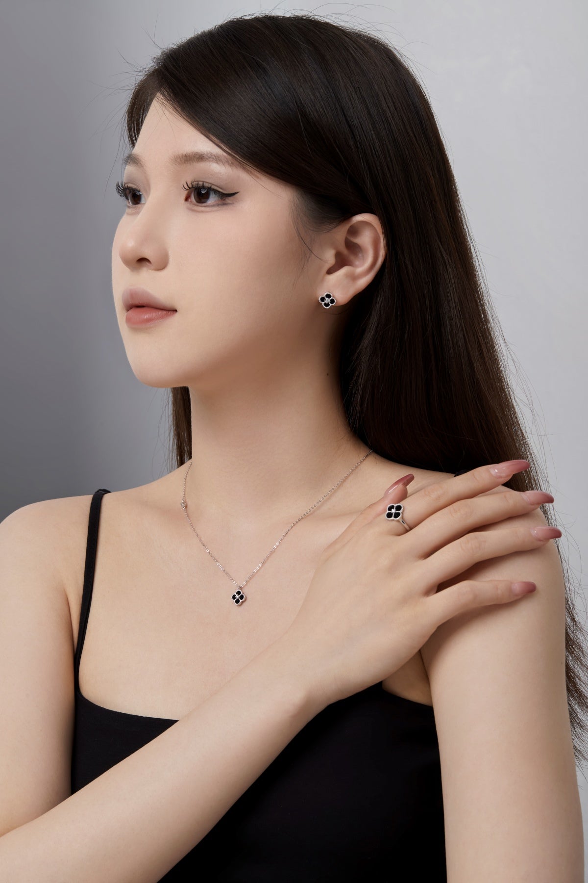 Onyx Petal Rhodium Earrings