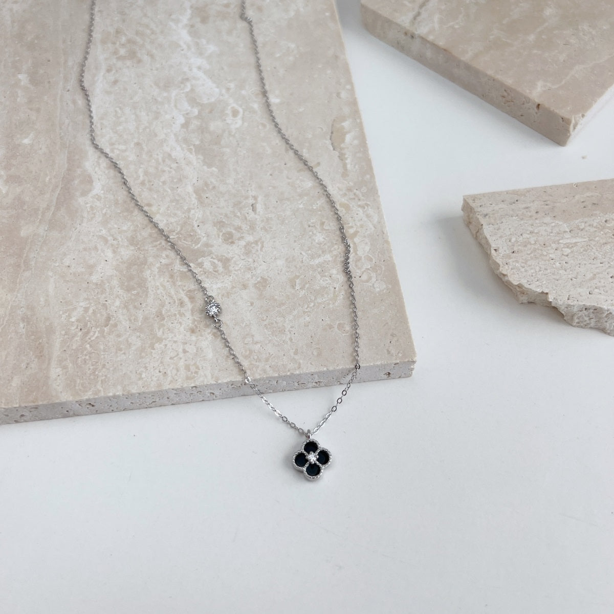 Onyx Petal Silver Necklace
